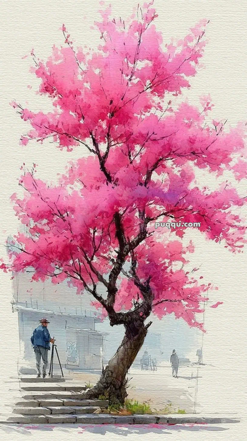 A watercolor painting of a cherry blossom tree with pink flowers in full bloom, set near steps and a man in a blue coat and hat holding a cane, walking away in the background.