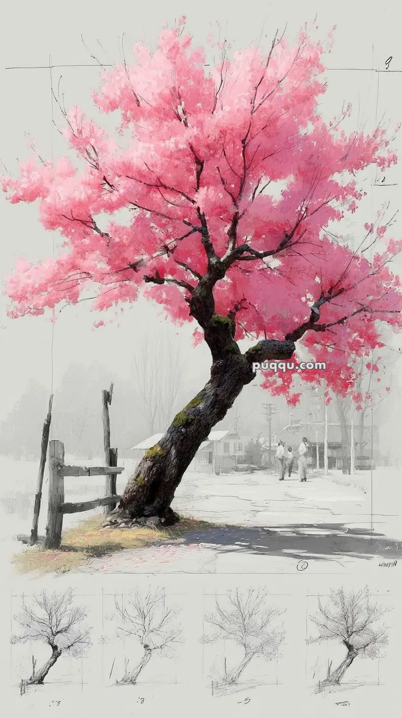 A stylized illustration of a cherry blossom tree with vibrant pink flowers, leaning slightly to the right. The background features a faintly visible street scene with a house and two pedestrians, all in muted tones. Below the main image, there are four smaller pencil sketches depicting the tree in different stages of completeness.