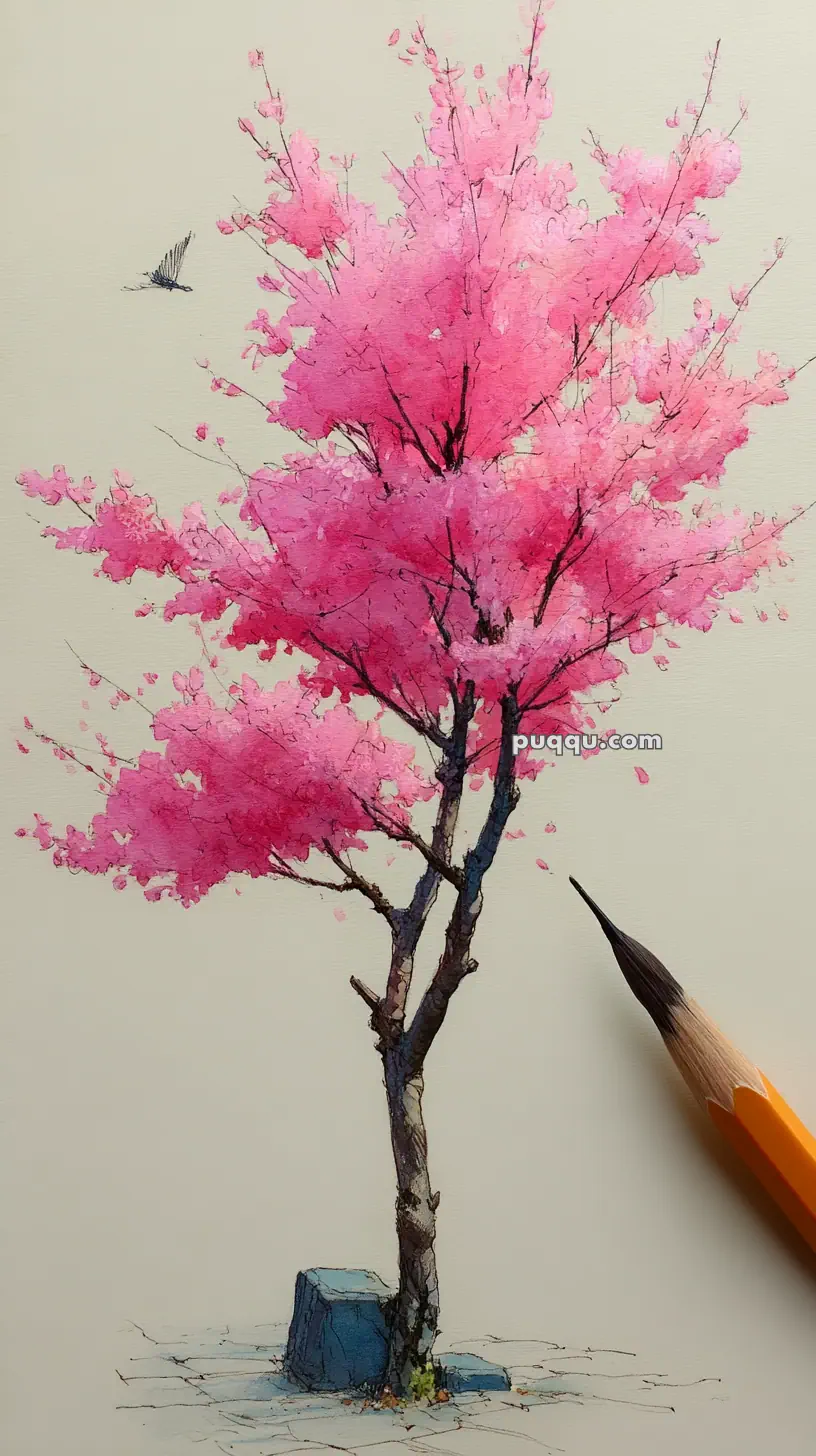 A watercolor painting of a cherry blossom tree with vibrant pink flowers, a bird flying nearby, and a brush visible in the foreground, suggesting the scene's artistic creation.