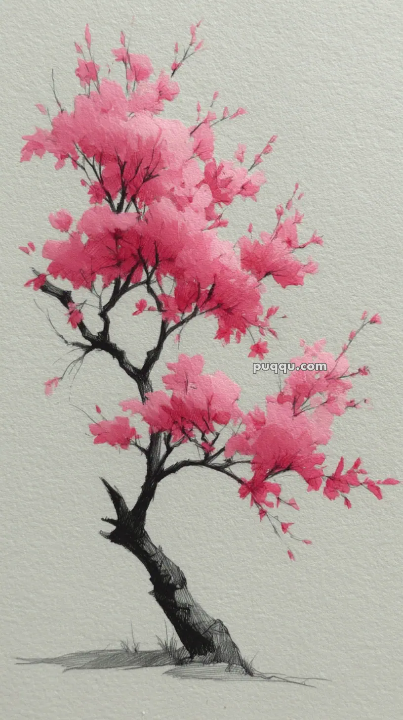 A minimalist watercolor painting of a tree with a dark twisted trunk and branches, adorned with vibrant pink blossoms, set against a light background.