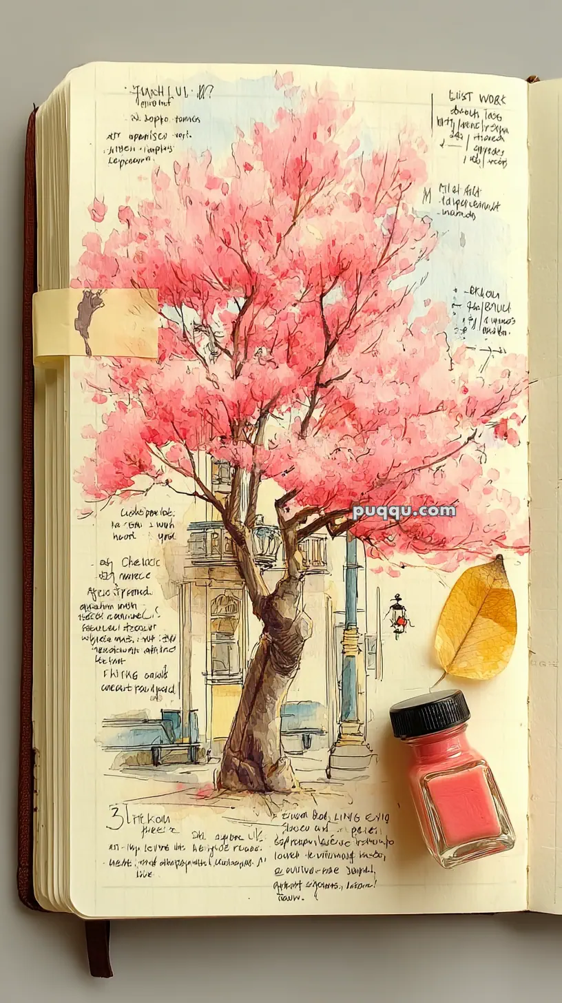 A sketchbook page featuring a watercolor painting of a blooming cherry blossom tree with pink flowers, accompanied by handwritten notes. A real autumn leaf and a small bottle of pink paint are placed on the page.