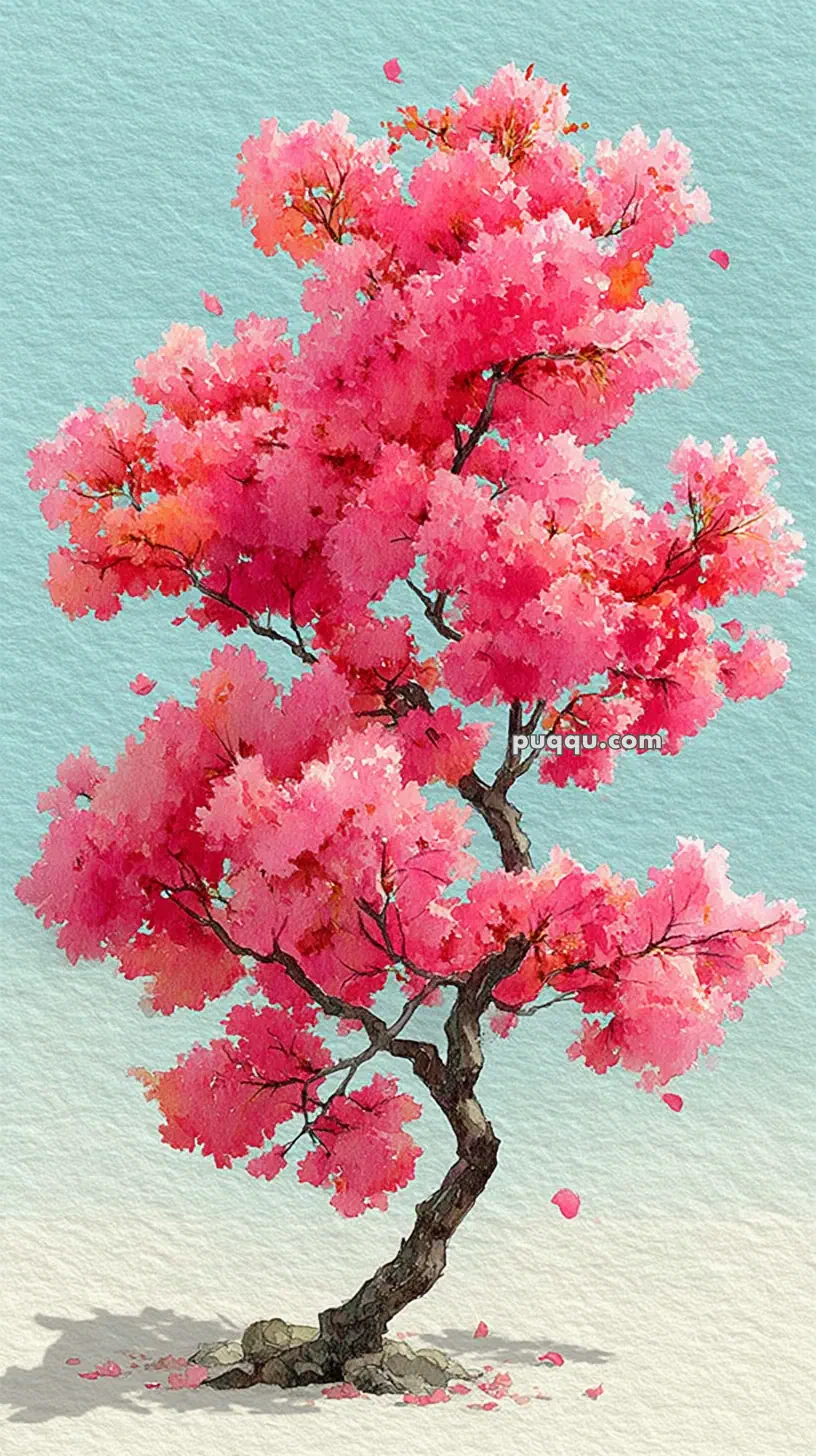 Digital painting of a cherry blossom tree with vibrant pink flowers against a textured blue background.