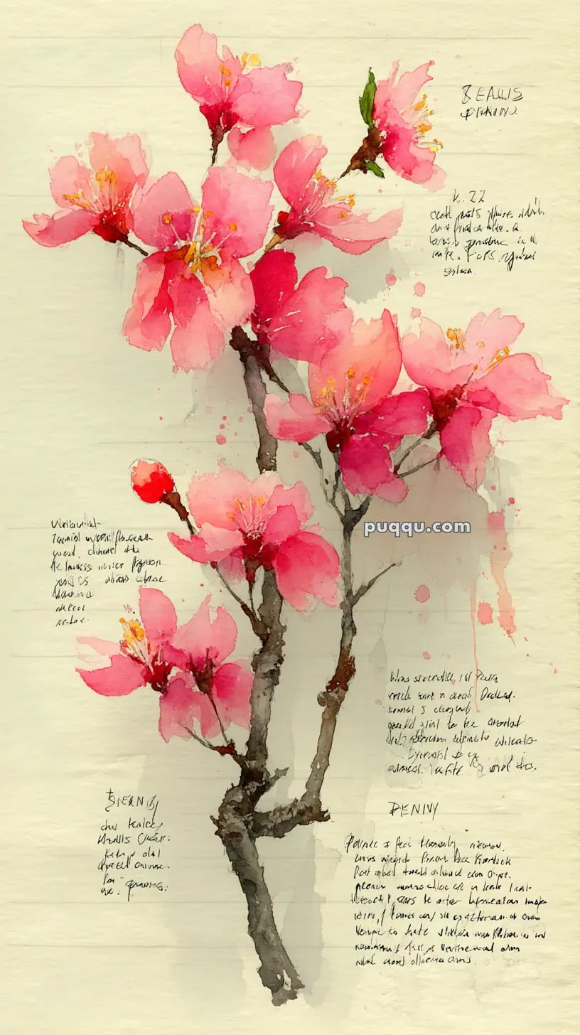 Watercolor painting of vibrant pink cherry blossoms on branches, accompanied by handwritten notes on a textured background.