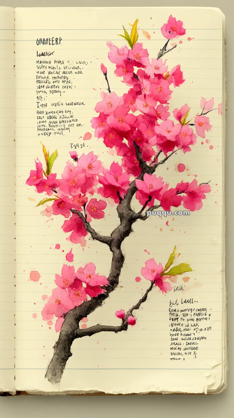 A notebook page featuring a watercolor painting of a cherry blossom branch with vibrant pink flowers. Text is handwritten on the page alongside the artwork.