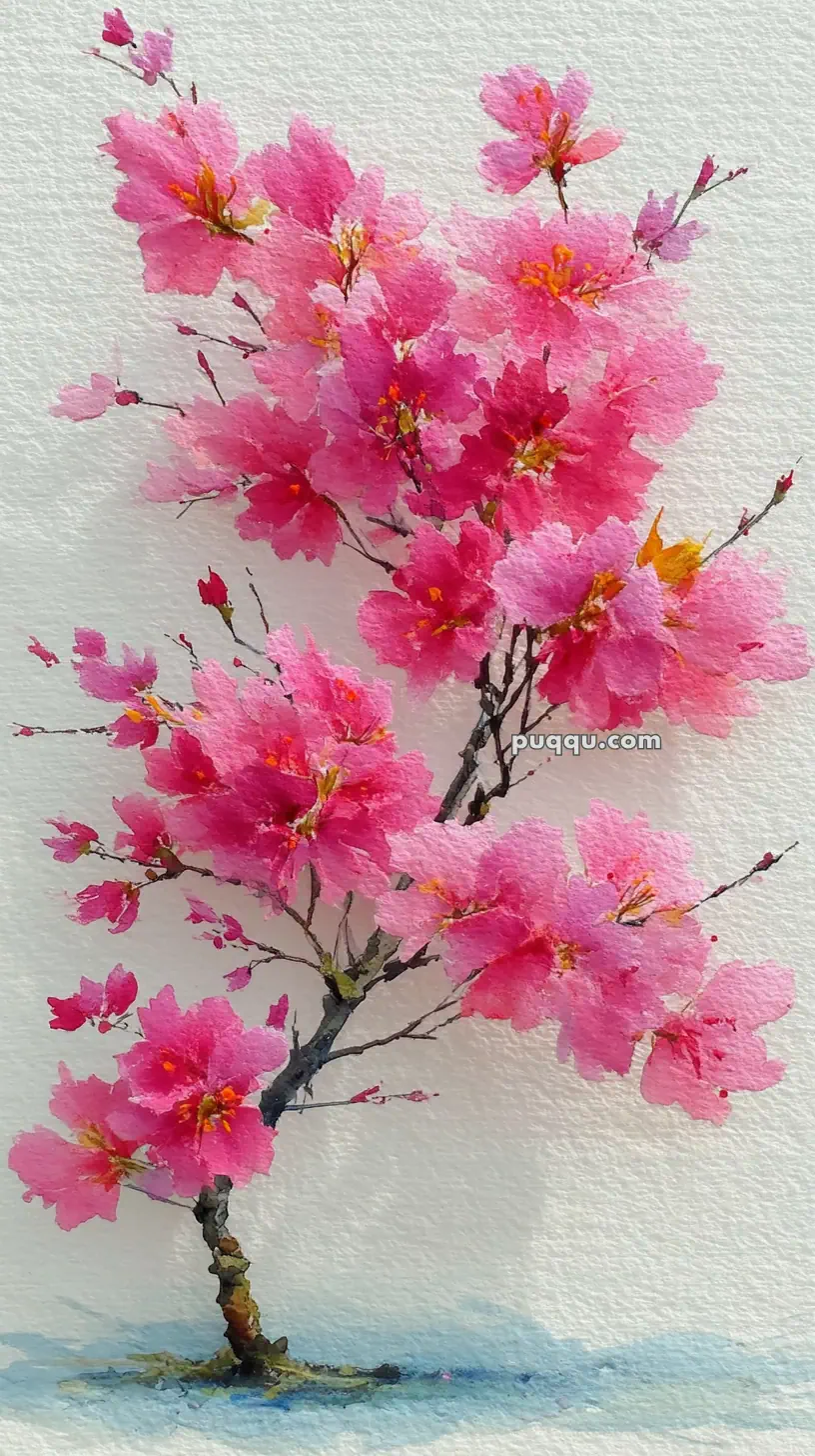 Watercolor painting of a cherry blossom tree with vibrant pink flowers and delicate branches.