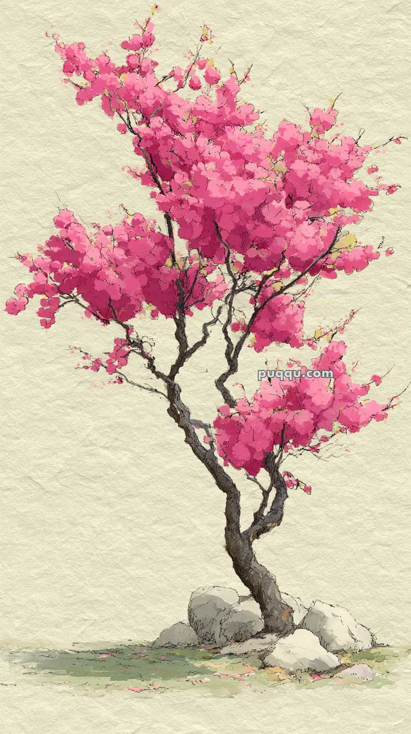 Illustration of a tree with bright pink blossoms and dark, twisted branches standing among rocks on a grassy ground, set against a textured beige background.