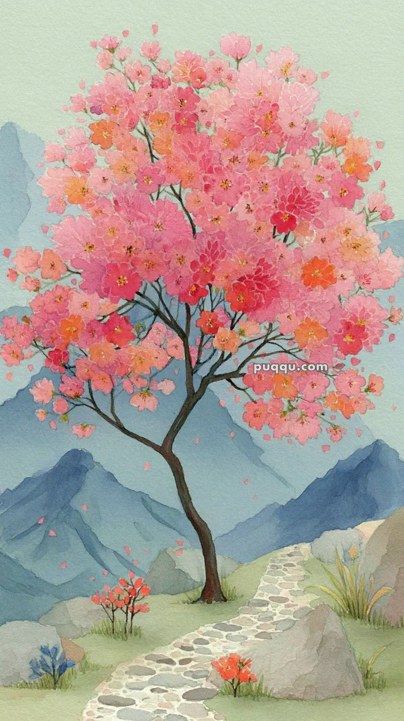 Watercolor painting of a vibrant cherry blossom tree with pink and orange flowers, set against a backdrop of mountains and a winding stone path.