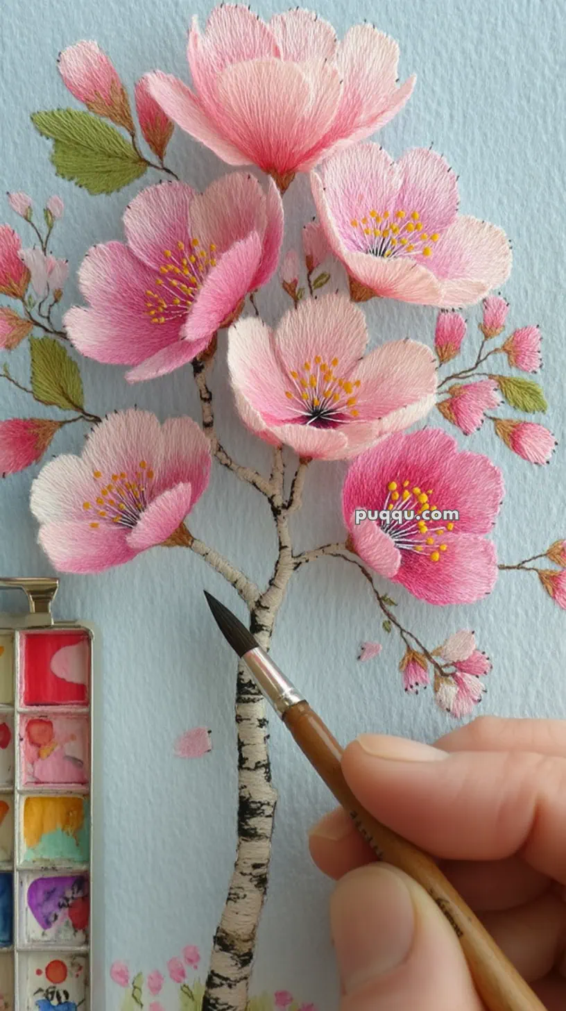 A detailed painting of pink cherry blossoms with a watercolor set and a hand holding a paintbrush in the foreground.