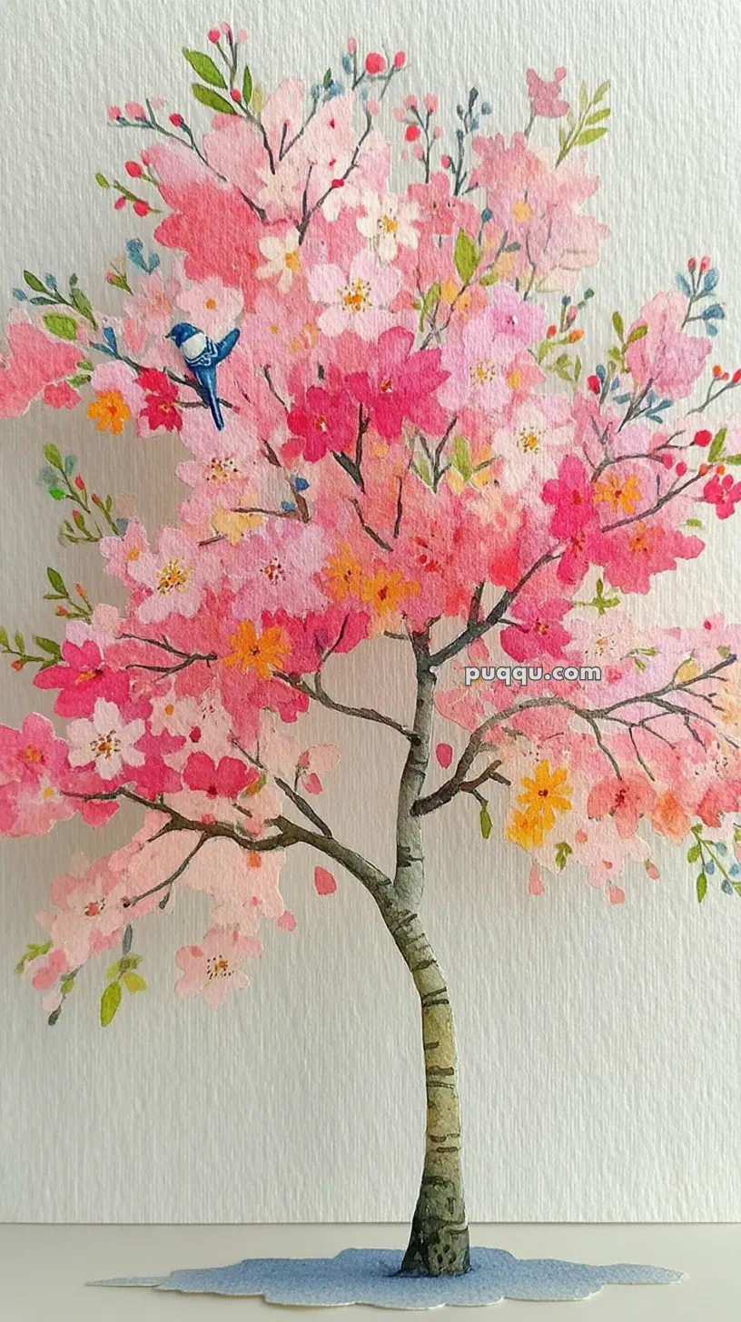 A watercolor painting of a blossoming tree with pink and yellow flowers, featuring a small blue bird perched on one of its branches. The tree stands against a light grey background, with its trunk casting a subtle shadow on the ground.