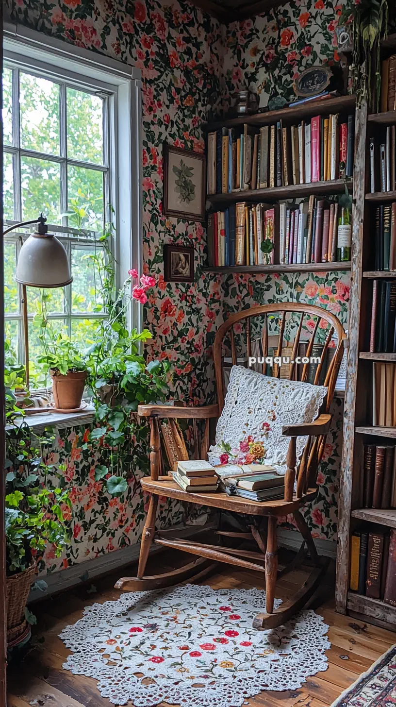 A cozy reading corner with a wooden rocking chair featuring a crocheted cushion and books, surrounded by floral wallpaper and bookshelves, with plants on a nearby windowsill.