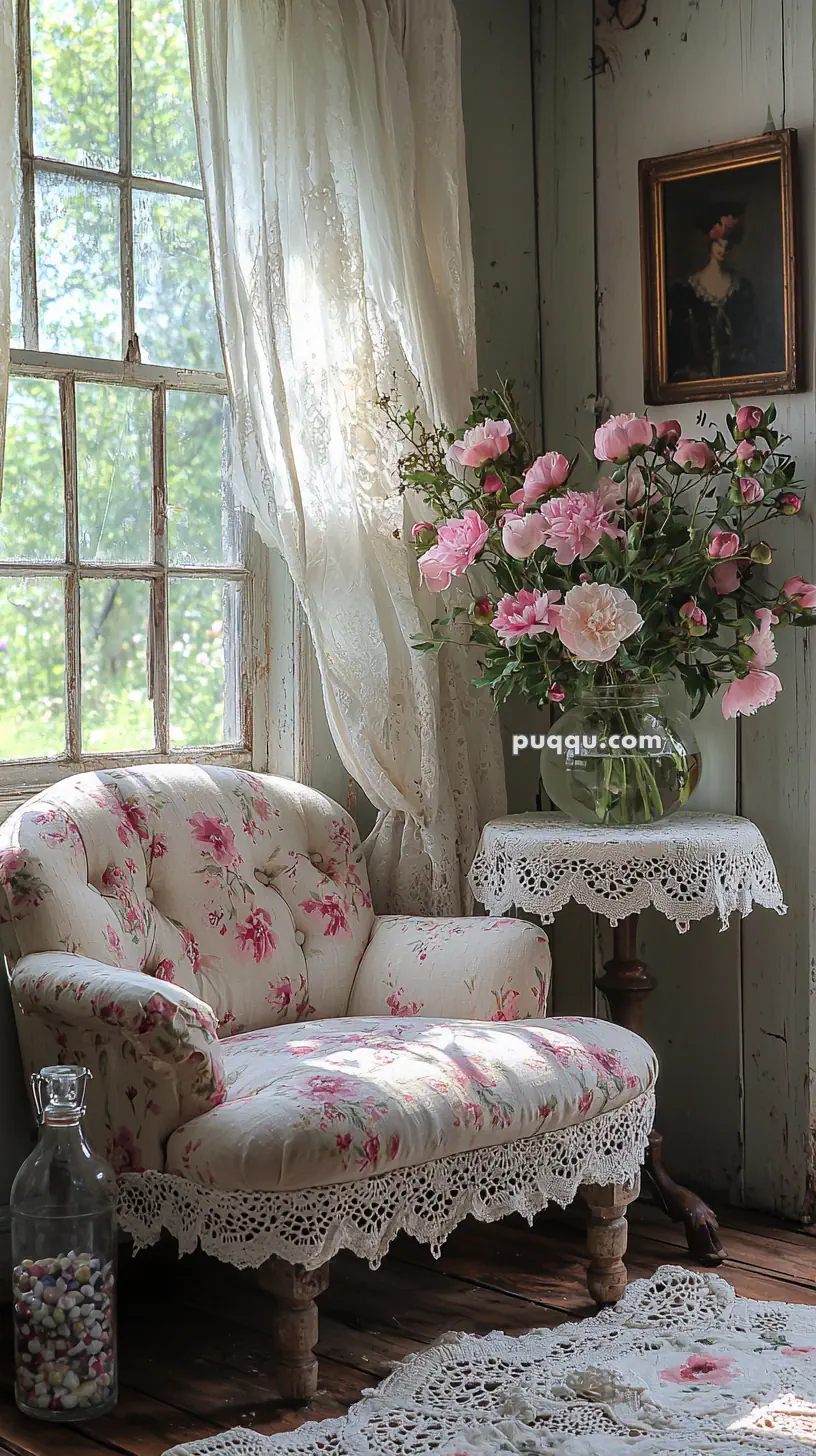 A vintage-style room with a floral-patterned armchair next to a window draped with lace curtains. A lace-covered side table holding a vase of pink flowers stands nearby, with a glass bottle filled with colorful pebbles on the wooden floor. A small portrait painting hangs on the paneled wall.