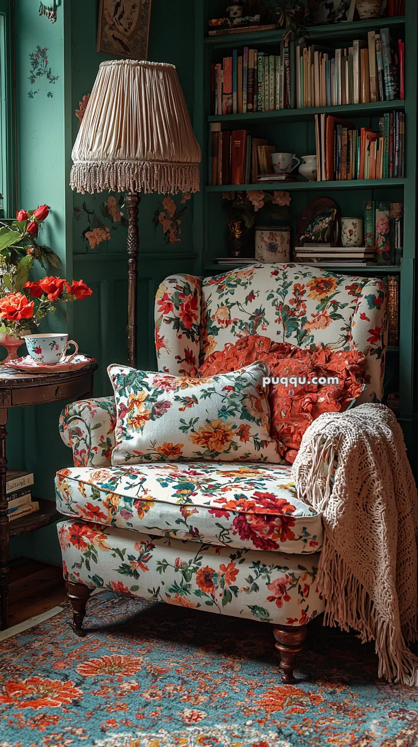 A cozy vintage-style reading nook with a floral upholstered armchair, a ruffled orange pillow, and a knitted throw. Next to it is a wooden side table holding a potted flowering plant and a teacup. A fringed lampshade stands beside the chair, while a book-filled shelf and floral wallpaper adorn the background.