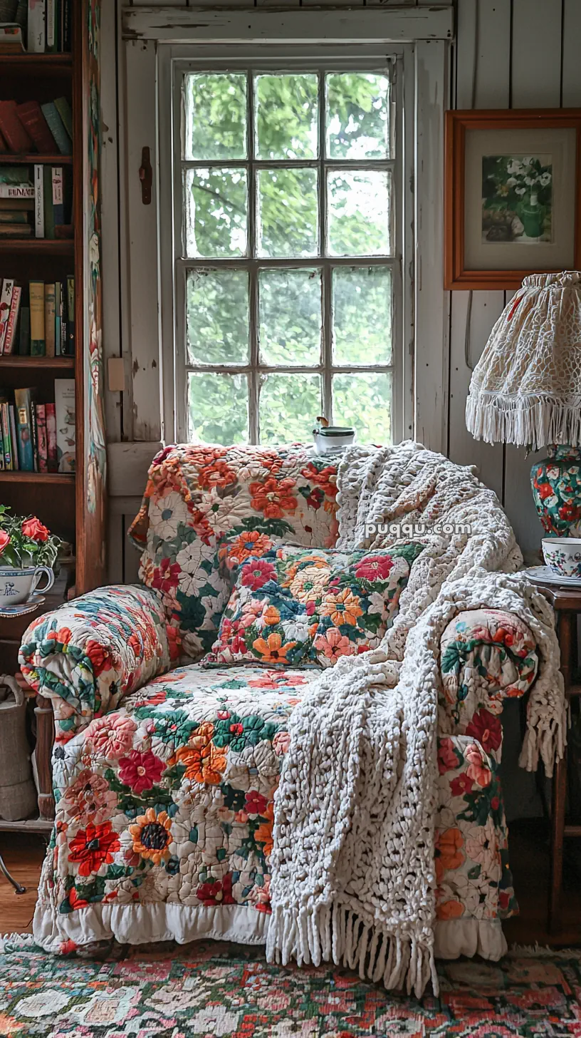 A cozy reading nook with a white-paned window, featuring a colorful floral armchair draped with a knitted blanket, a lamp with a crocheted shade, and a small table with a teacup. A bookshelf with books and a plant is visible to the left.