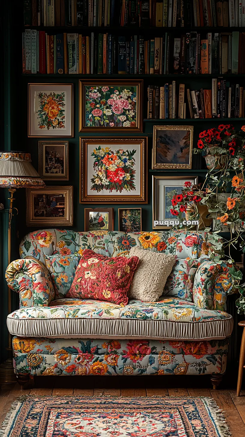 A cozy room features a sofa with a floral pattern, adorned with red and beige cushions, surrounded by walls filled with books and framed floral artwork. A standing lamp with a decorative shade is next to the sofa, while a potted plant with red flowers complements the colorful setting. A patterned rug lies on the wooden floor.