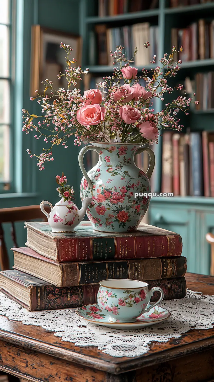 A vintage-style arrangement featuring a floral-patterned vase with pink roses and small white flowers, a matching teapot and cup, all placed on a stack of old books on a wooden table with a lace runner, in a cozy library setting.