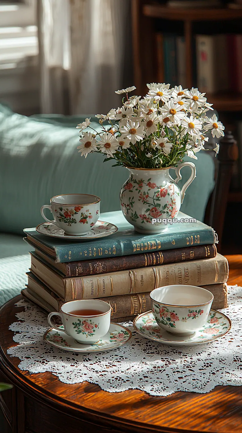 A cozy setting with two teacups and saucers decorated with floral patterns placed on a lace doily atop a stack of vintage books. A matching floral vase holds a bouquet of daisies, adding a touch of elegance to the scene.