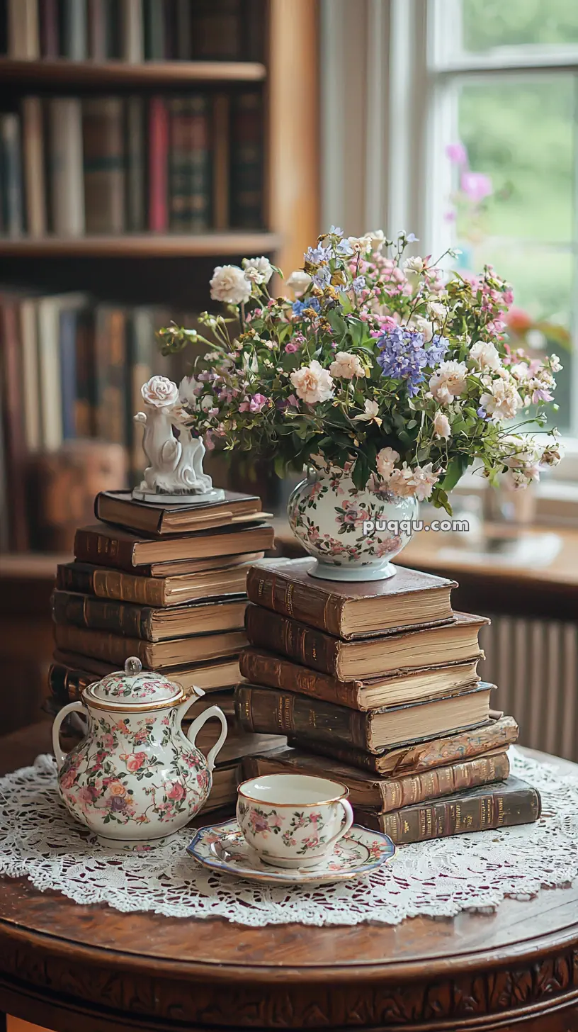 A decorative arrangement featuring a bouquet of colorful flowers in a floral vase and a teapot with matching teacup on a wooden table, surrounded by stacks of old books, with a lace tablecloth beneath them and a blurred bookshelf in the background.