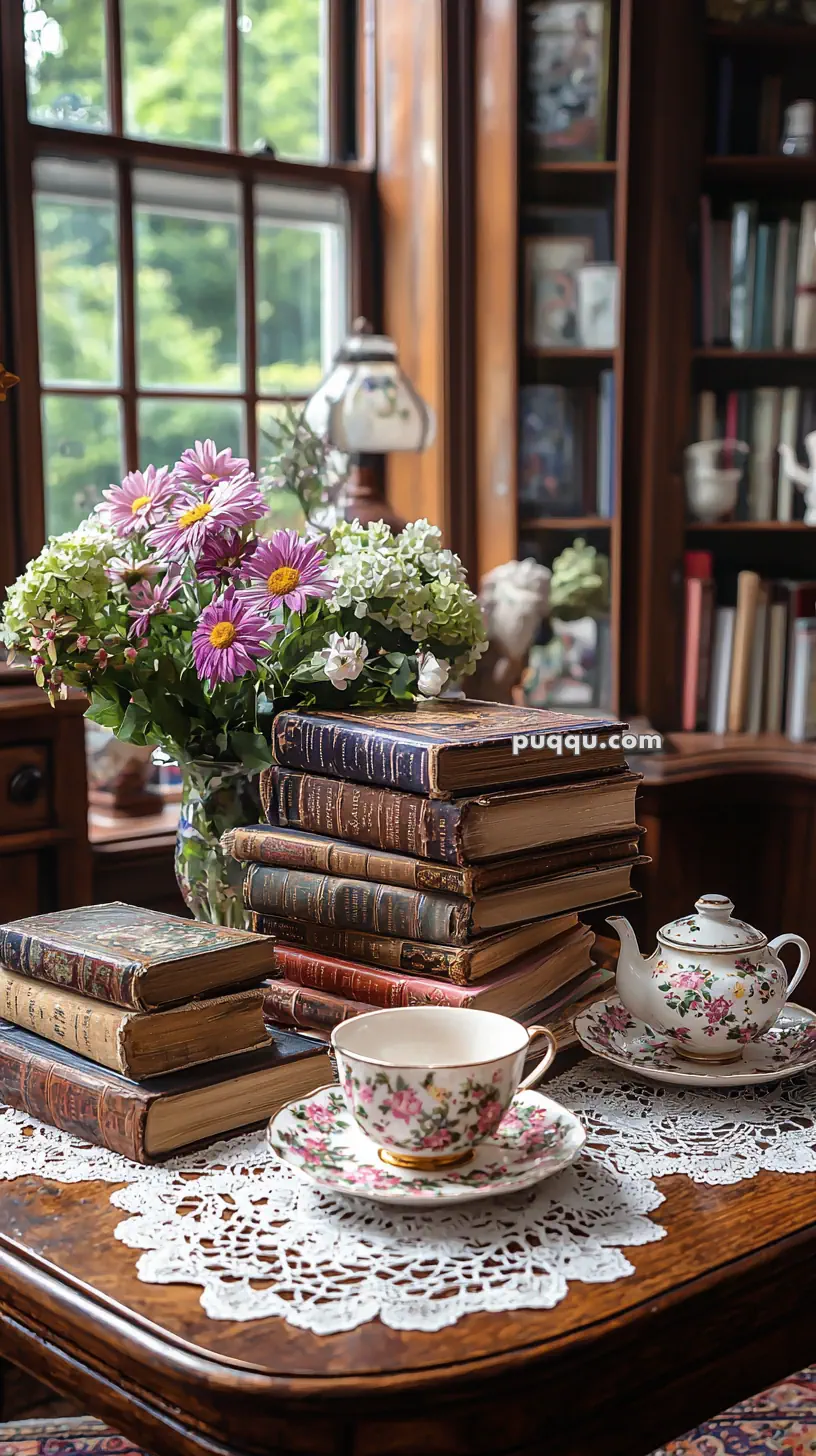 A cozy indoor scene with a wooden table adorned with a lace doily, a stack of antique books, a porcelain teapot, and a teacup with floral designs. A vase with colorful flowers is also on the table, and a large window offers a view of lush greenery outside.