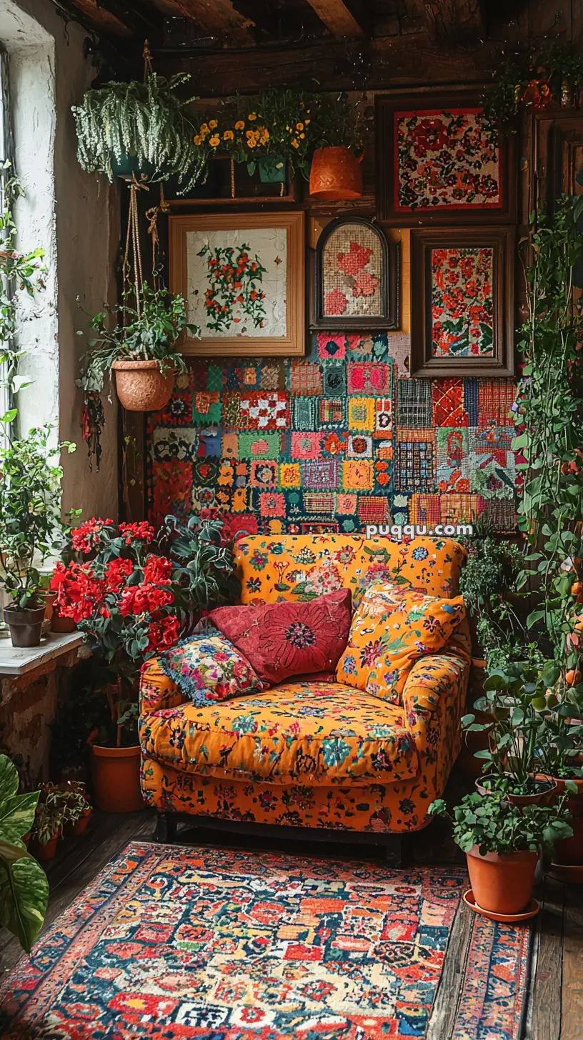 A cozy room filled with lush plants, vibrant cushions, and a colorful quilted wall tapestry. An orange floral-patterned couch is the focal point, surrounded by framed embroidery and a variety of potted plants. The floor features a bright, intricate rug matching the eclectic decor style.