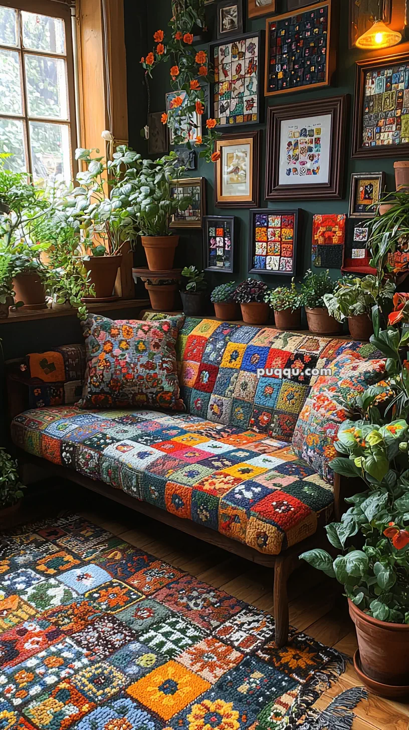 A cozy living room featuring a patchwork quilted sofa and a colorful, patterned rug. The walls are adorned with a variety of framed artwork, while numerous potted plants add greenery to the space, creating a warm and inviting atmosphere.