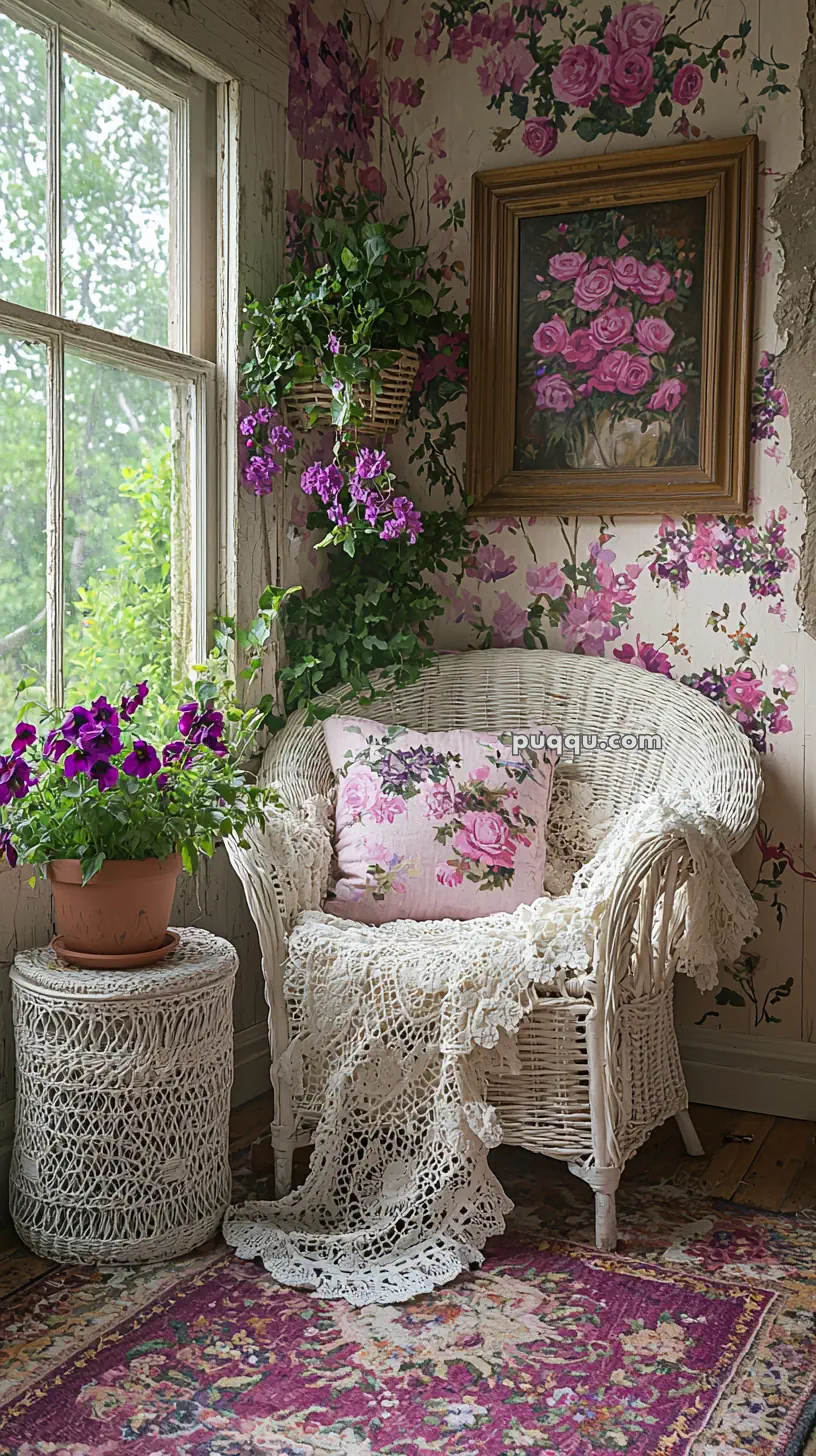 A cozy corner featuring a white wicker chair covered with a lace throw and a floral cushion. A matching wicker side table holds a pot of vibrant purple flowers. The room has floral-patterned wallpaper and a painting of roses, with a window showing greenery outside.