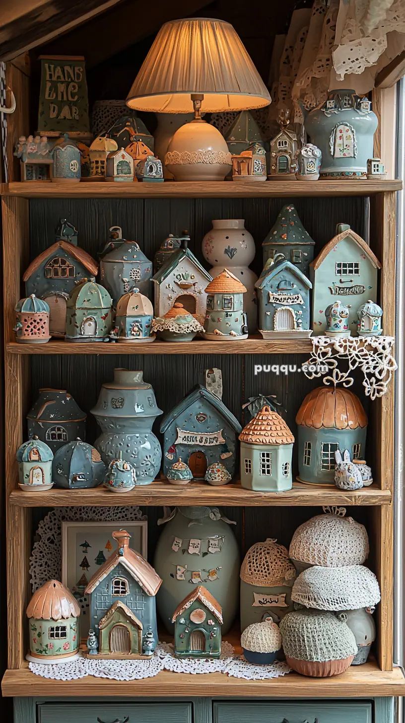 A wooden shelf displaying a collection of whimsical, handmade ceramic houses and cottages in pastel colors, with a lit lamp on the top shelf providing a warm glow. The shelves are lined with doilies, and the ceramics vary in shapes and sizes, creating a cozy and artistic arrangement.