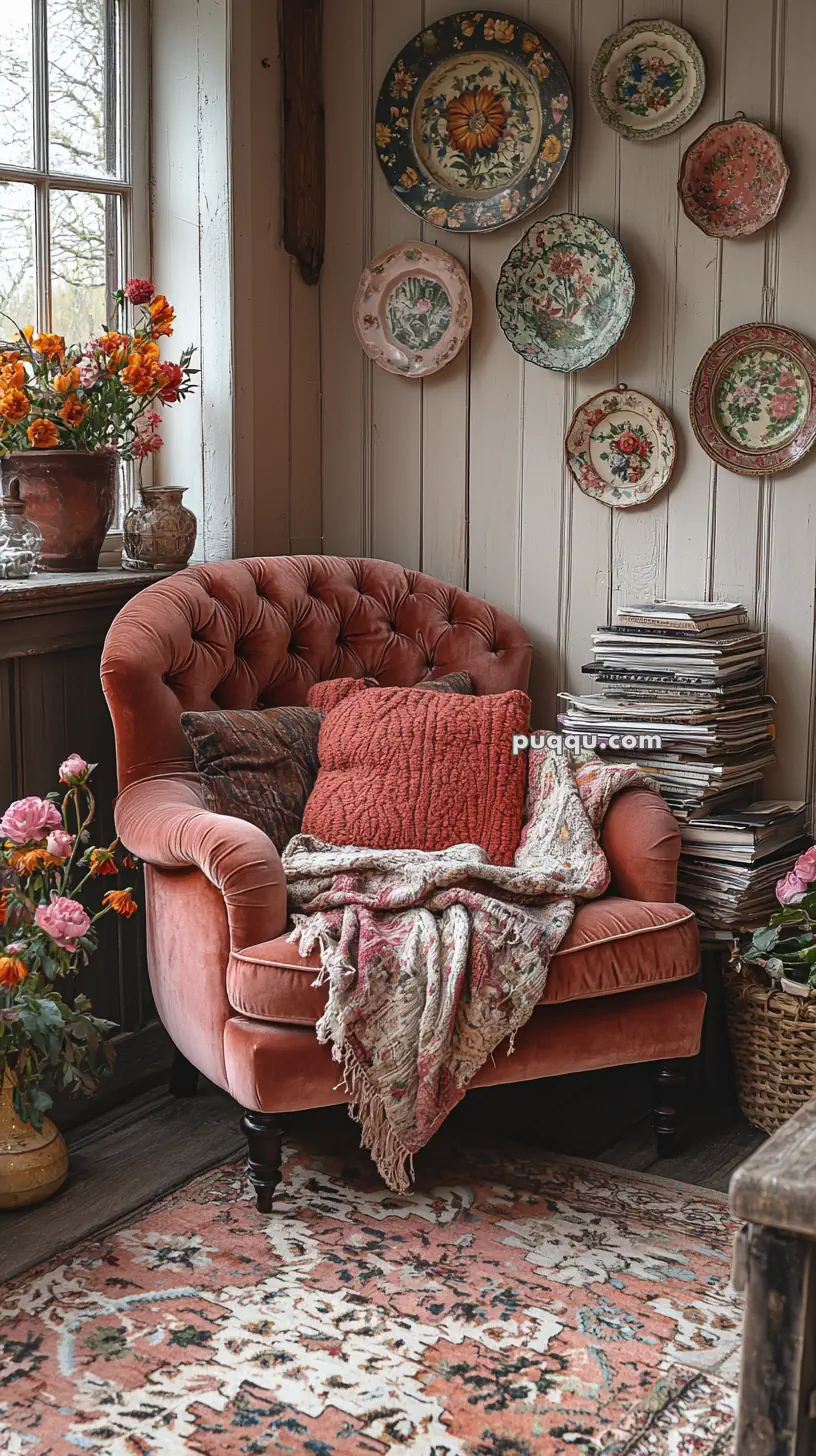 A cozy room with a plush pink armchair adorned with patterned cushions and a draped blanket, surrounded by floral arrangements and a stack of magazines. Decorative plates are mounted on the paneled wall, and a large window allows natural light to fill the space, highlighting a patterned rug on the floor.