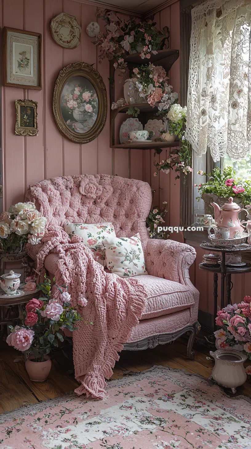 A cozy, vintage-style pink armchair adorned with a crocheted blanket and floral cushions sits in a corner of a room with pink paneled walls. Surrounding the chair are vases of pink roses, a lace curtain on the window, a small side table with a pink teapot set, and shelves with floral china and decorative items.
