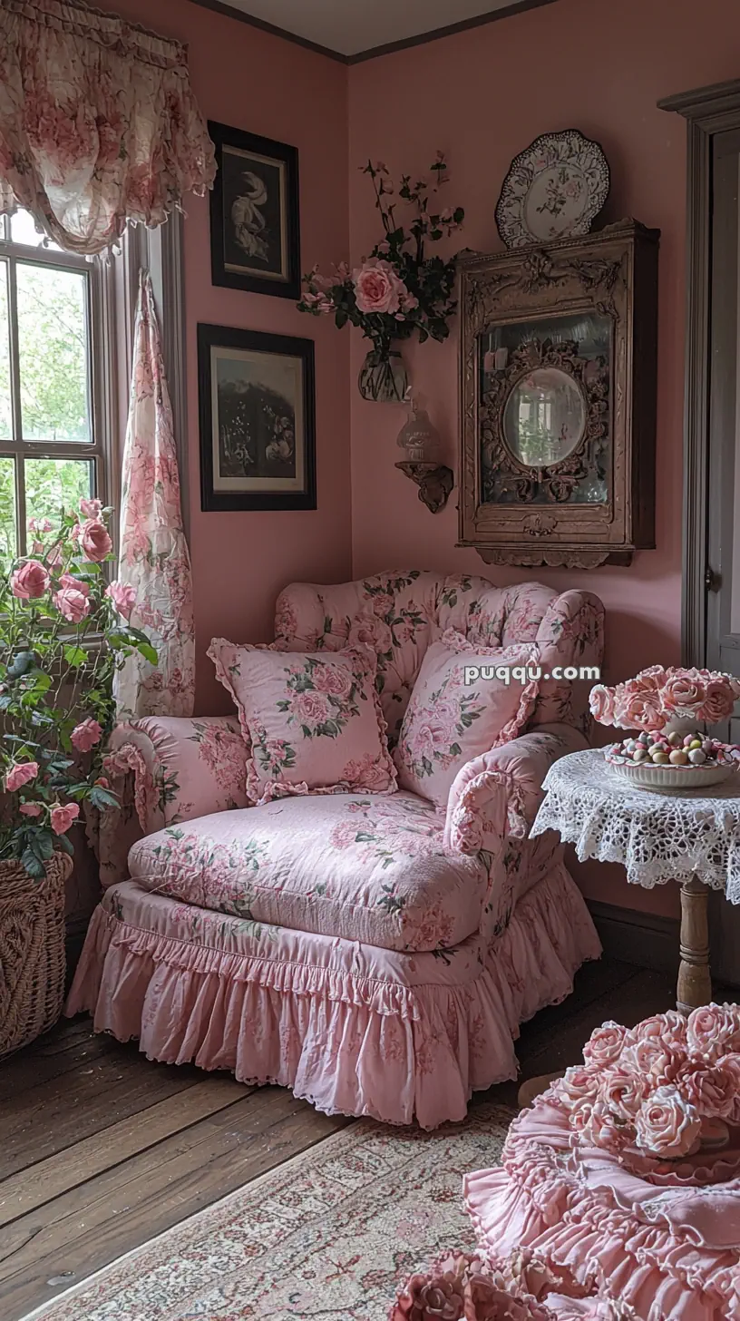 A cozy pink-themed room featuring a vintage armchair with floral upholstery and matching cushions, a lace-covered side table adorned with decorative roses, and art pieces on the walls. The space is accented with a window allowing natural light, floral curtains, and a basket of roses, creating a romantic, shabby chic atmosphere.