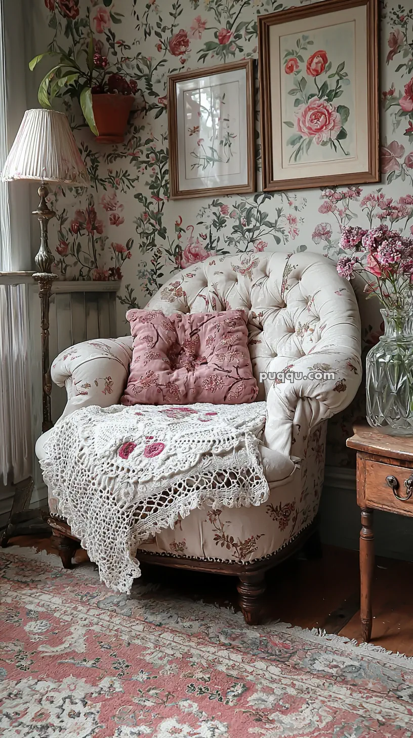 A cozy, floral-themed living space with a plush upholstered chair, featuring pink and white fabric and a crocheted throw, set against a wallpapered wall with floral patterns and framed botanical prints. A side table with a textured glass vase and a potted plant on a wall bracket add to the room's vintage charm.