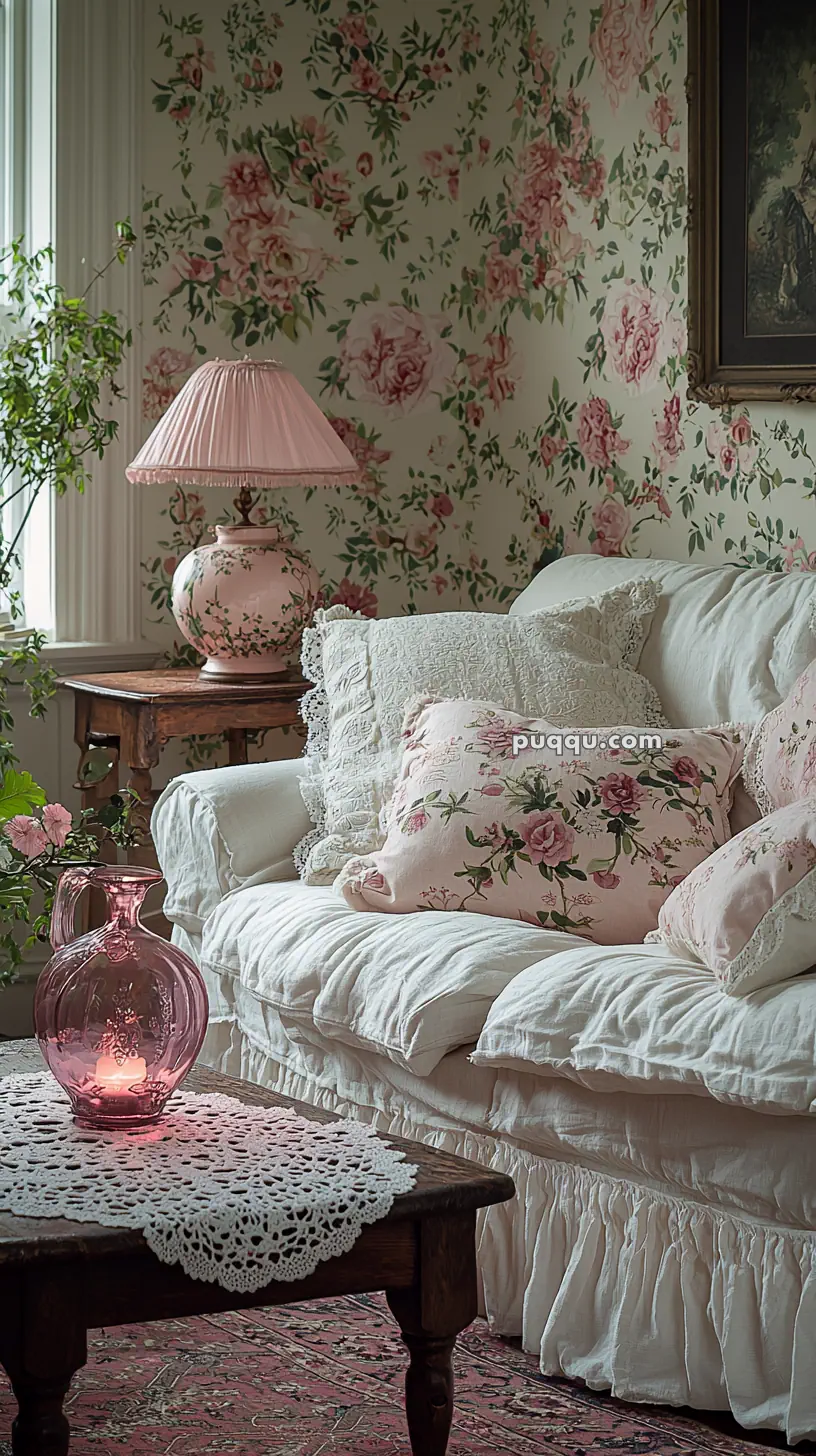 A vintage living room featuring a white ruffled sofa with floral-patterned cushions and a matching lampshade on a wooden side table. The wallpaper has a rose pattern, and a pink glass lantern sits on a crocheted doily on a wooden coffee table.