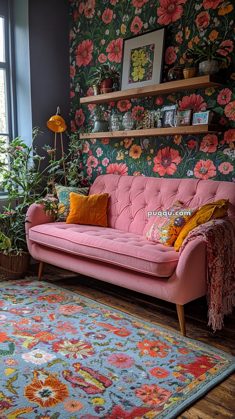 A cozy living room with a pink tufted sofa adorned with colorful cushions, set against a vibrant floral wallpaper. Two wooden shelves hold decor items and plants above the sofa. A floral patterned blue rug covers the wooden floor, complementing the lush plants by the window.