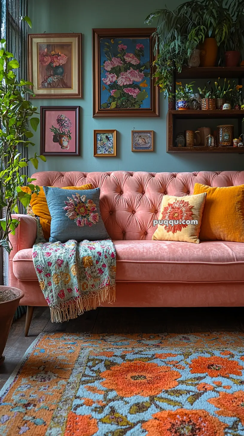 A cozy living room with a pink tufted sofa adorned with colorful pillows and a floral blanket. The wall features a gallery of botanical paintings, and there are shelves with plants and decorative items. A vibrant floral rug complements the decor.