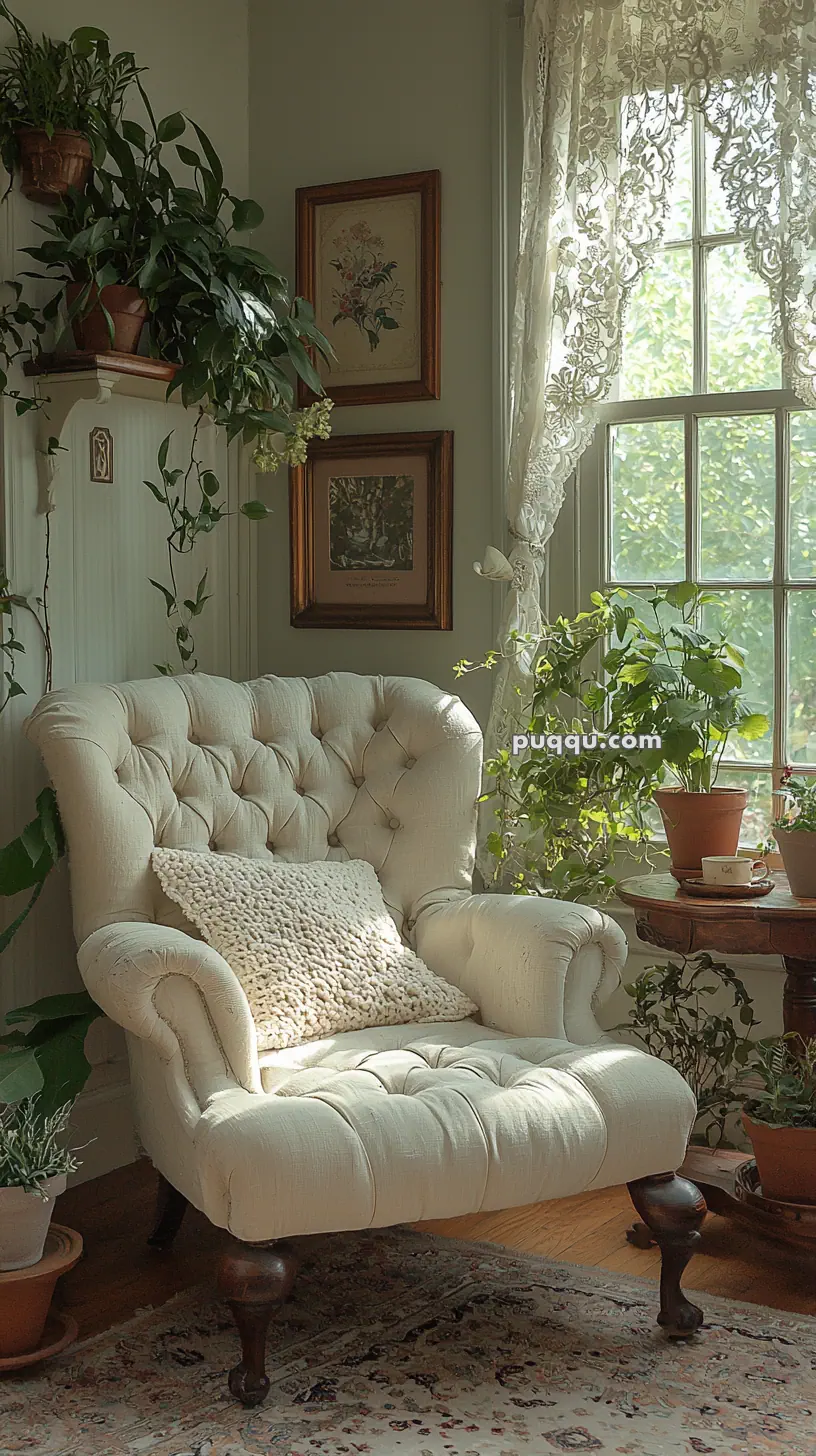 A cozy, tufted armchair with a textured cushion is positioned in a sunlit corner adorned with lush indoor plants and elegant lace curtains. A vintage-style rug covers the hardwood floor, and framed floral art hangs on the wall.
