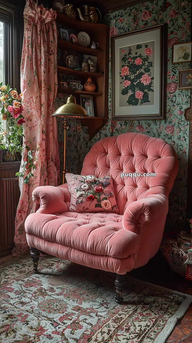 A cozy room with a pink tufted armchair decorated with a floral cushion, floral wallpaper, pink floral curtains, a floor lamp, and a shelf with decorative items and framed pictures.