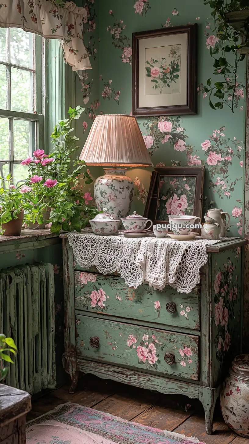 A vintage-style interior with a floral-themed dresser and wallpaper. The dresser has a lace doily, a lamp, teacups, and a framed picture on top. Pink flowers and greenery adorn the window sill.