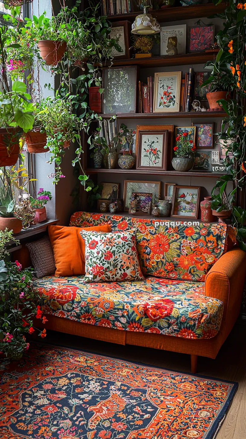 A cozy living room corner filled with numerous potted plants hanging and placed around a window, an orange sofa adorned with floral-patterned cushions and throw, and a floral patterned rug on the floor. The wall has shelves decorated with framed art prints, books, and vases, creating a vibrant, eclectic atmosphere.