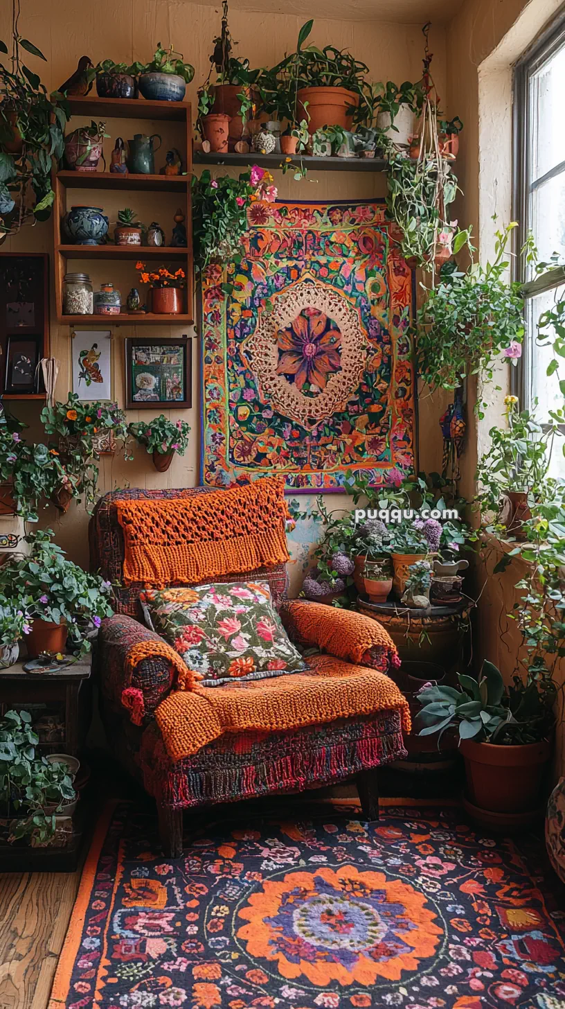 A cozy corner features a vintage armchair draped with a bright orange knitted throw and a floral pillow, surrounded by lush green houseplants. A colorful, intricate tapestry hangs on the wall, complementing the patterned rug on the wooden floor. The corner exudes a bohemian, inviting atmosphere with natural light filtering through the nearby window.