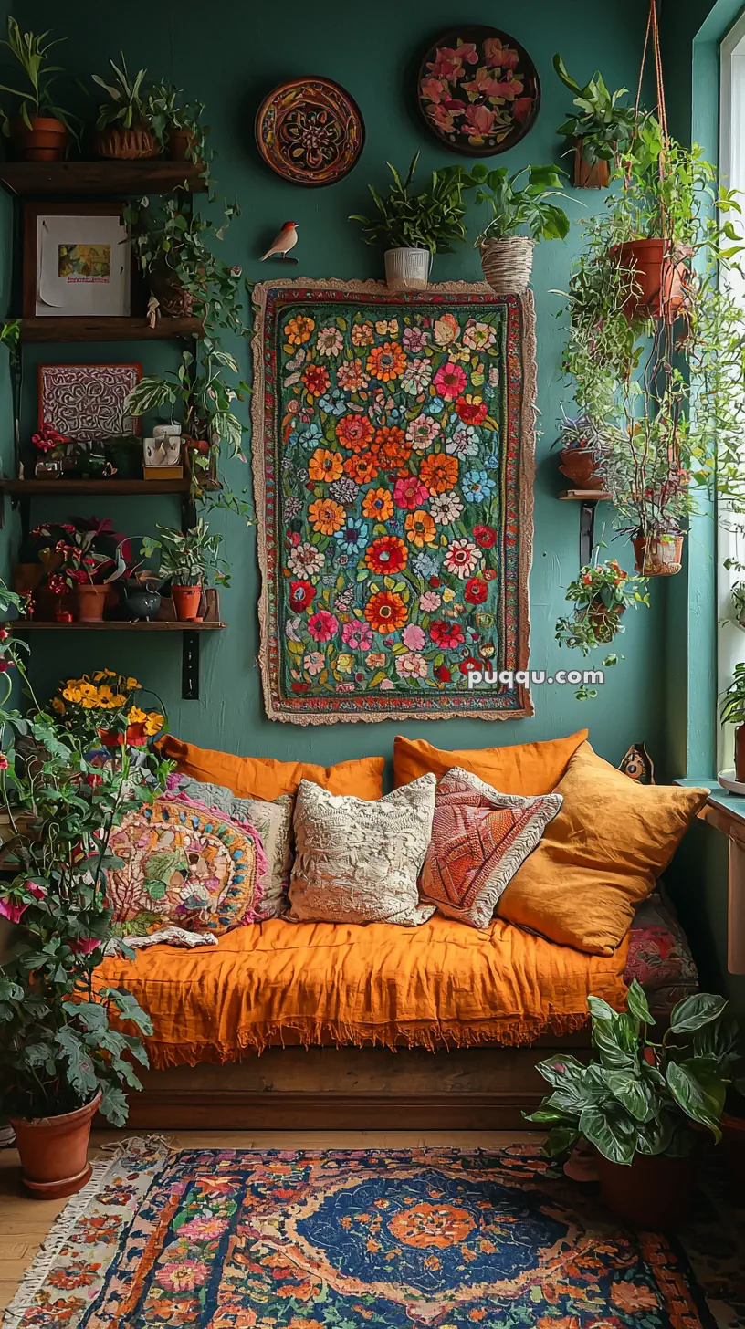 A cozy room with a vibrant floral tapestry on a teal wall, surrounded by shelves of potted plants. Below is an orange sofa with various decorative pillows, and a colorful patterned rug on the wooden floor.