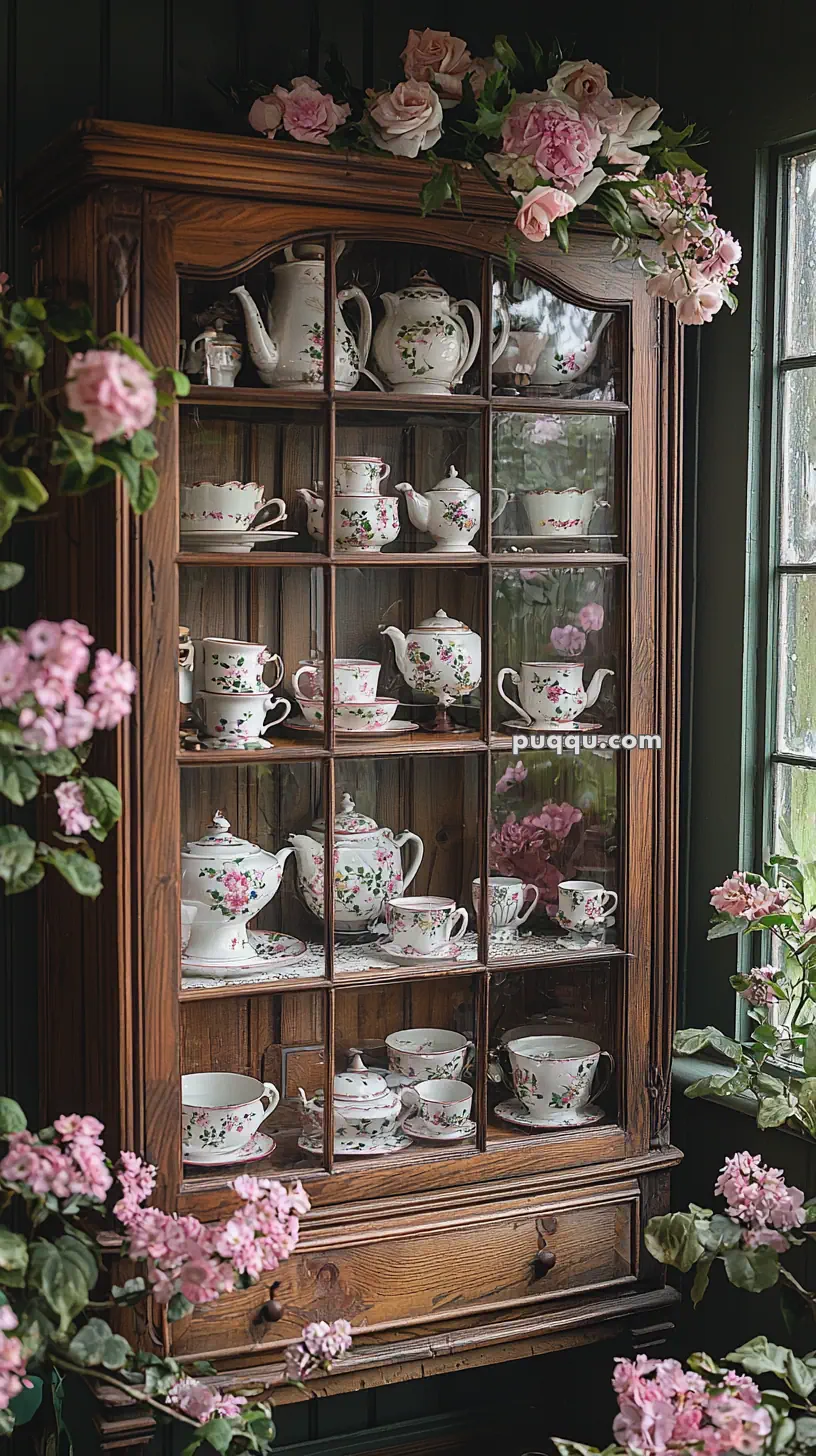 A wooden display cabinet filled with delicate china teapots, cups, and saucers adorned with floral patterns, surrounded by pink flowers and greenery.