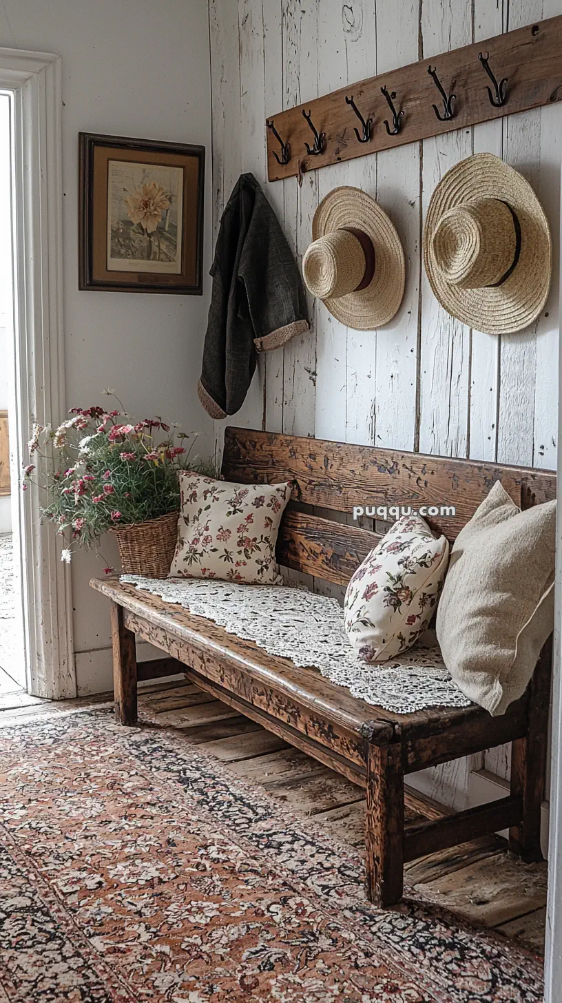A rustic entryway with a wooden bench topped with crocheted lace and floral cushions, a basket of wildflowers, a hanging coat, two straw hats on hooks, and a floral rug on the floor.