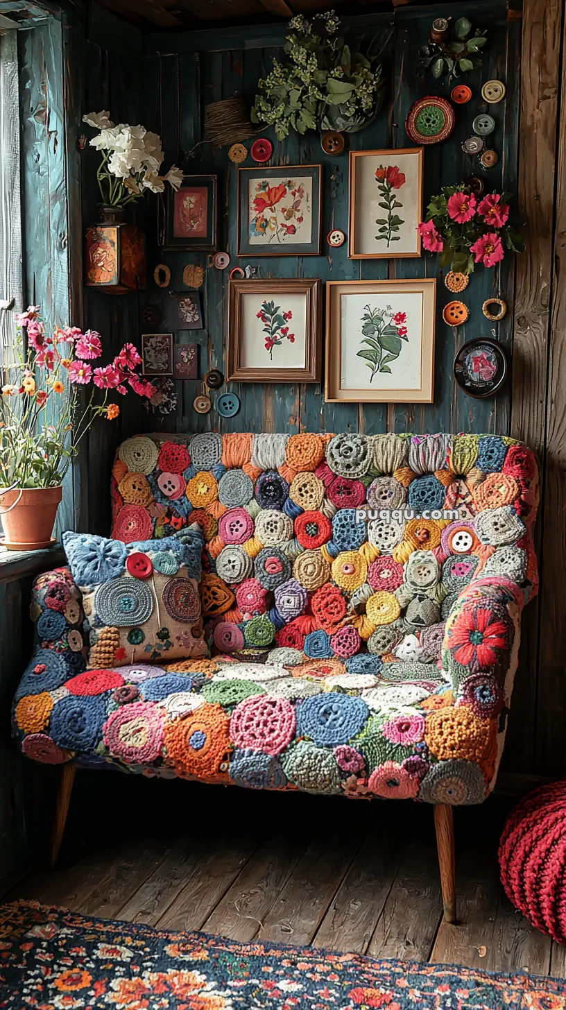 A cozy corner with a small couch covered in colorful, crocheted circles, complemented by a variety of small, framed floral artworks on the blue wooden walls. A potted plant and decorative cushions enhance the warm, eclectic decor.