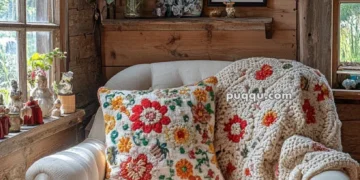A cozy living room corner features a cream-colored armchair with a colorful floral knit blanket and matching pillow. The wooden wall behind is adorned with a shelf holding decorative vases, framed photos, and a bouquet of vibrant flowers. Soft natural light enters through the window, highlighting the rustic decor.