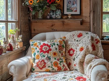 A cozy living room corner features a cream-colored armchair with a colorful floral knit blanket and matching pillow. The wooden wall behind is adorned with a shelf holding decorative vases, framed photos, and a bouquet of vibrant flowers. Soft natural light enters through the window, highlighting the rustic decor.