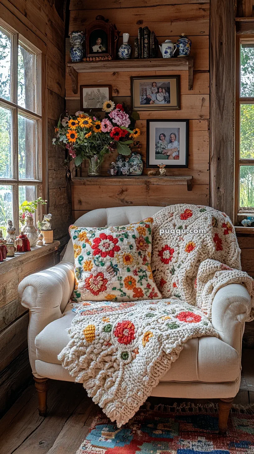 A cozy living room corner features a cream-colored armchair with a colorful floral knit blanket and matching pillow. The wooden wall behind is adorned with a shelf holding decorative vases, framed photos, and a bouquet of vibrant flowers. Soft natural light enters through the window, highlighting the rustic decor.