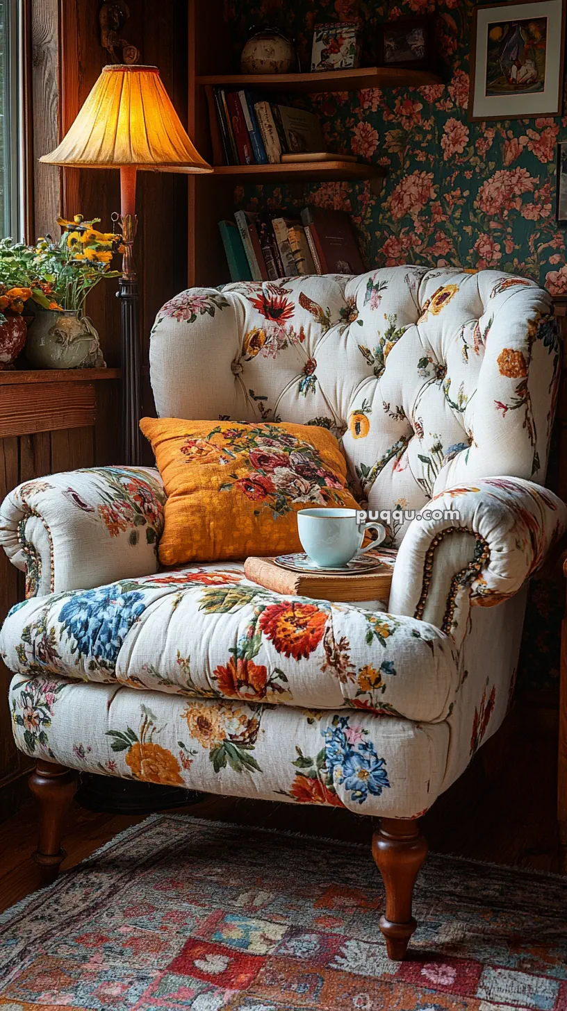 A cozy living room scene featuring a floral-patterned armchair with a yellow decorative pillow, a book, and a ceramic cup on it. A standing lamp with a warm glow illuminates the corner, next to a window with potted plants and a bookshelf filled with books and decorative items in the background.