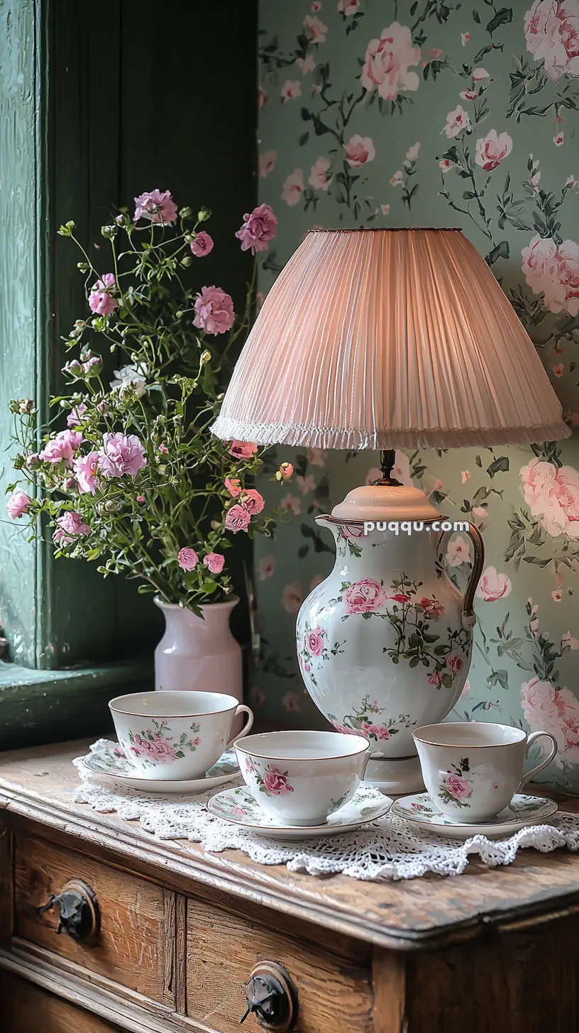 A vintage-style setting with a floral-patterned lamp on a wooden table, surrounded by matching teacups and saucers, with a vase of pink flowers in the background against a floral wallpaper.