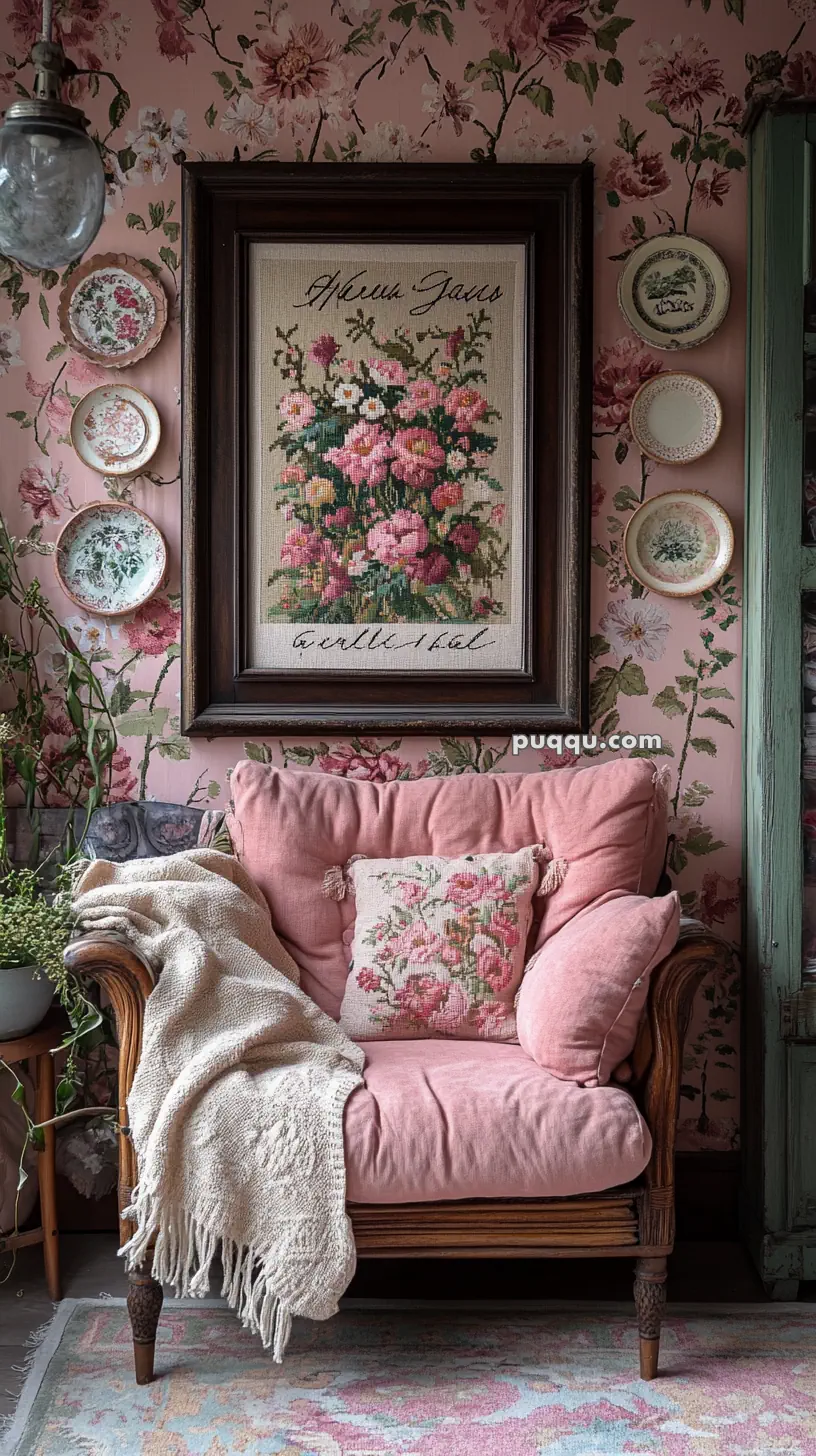 A cozy living room corner with a pink floral-patterned wall, a wicker armchair with pink cushions, and a floral embroidered pillow. Above the chair is a framed floral needlepoint artwork surrounded by decorative plates. A cream-colored throw blanket is draped over the armrest, and a potted plant sits on a wooden side table nearby.