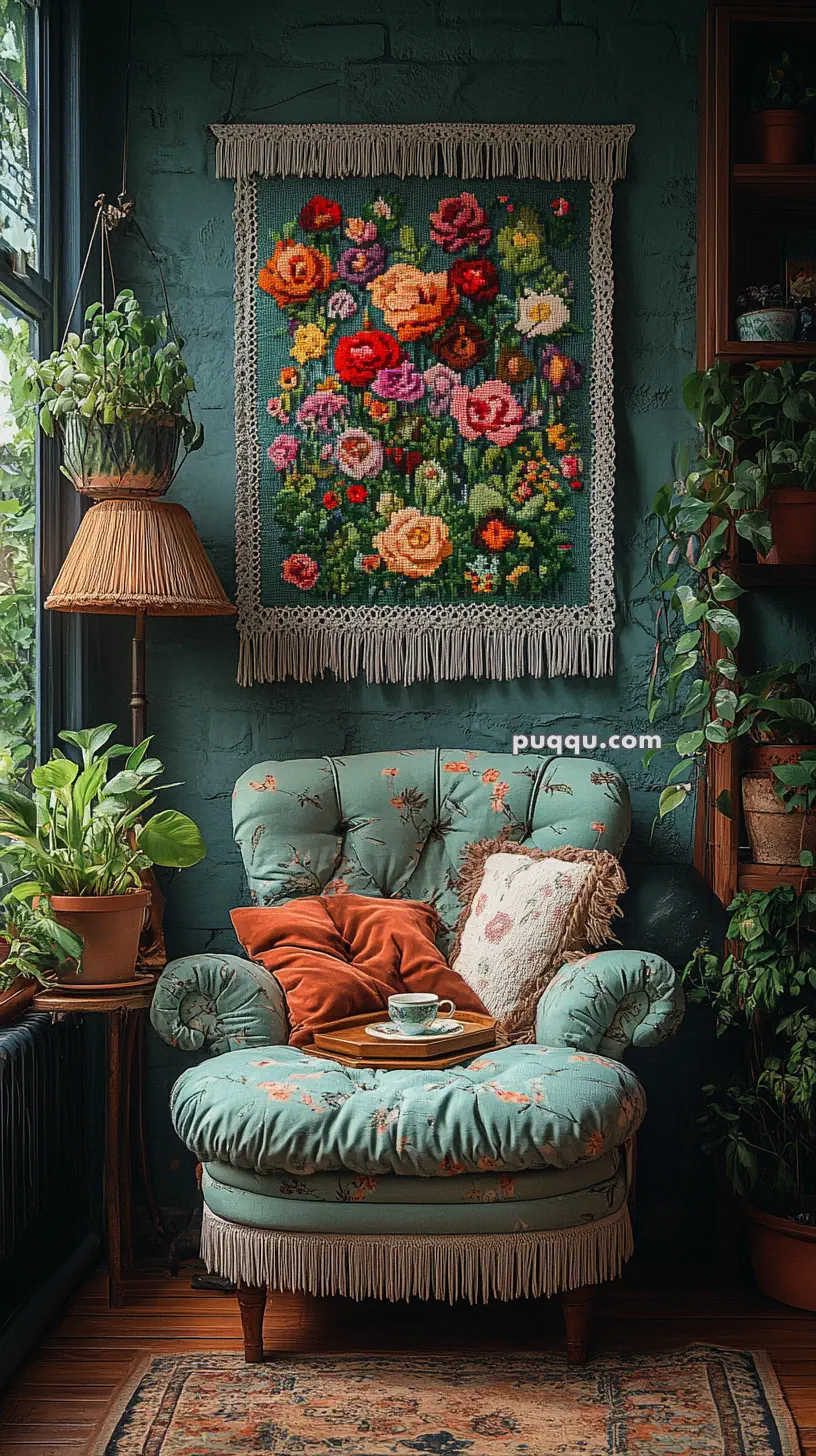 A cozy room with a plush, floral-patterned armchair and decorative pillows, positioned near a wall hung with a colorful floral tapestry. Plants are arranged around the chair, creating a lush, inviting atmosphere, while a cup sits on a tray atop the chair.