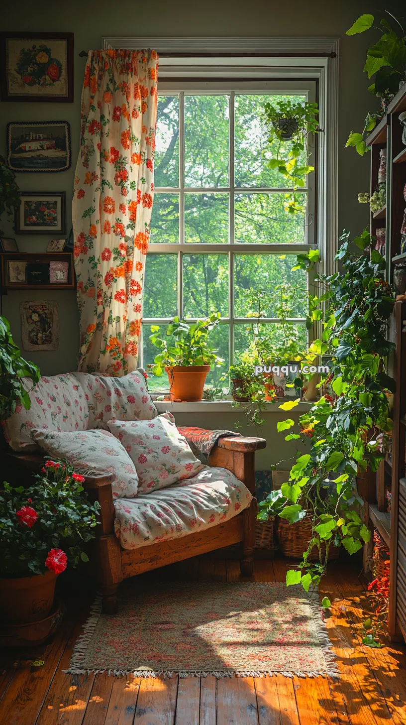 A cozy corner of a room with a wooden chair featuring floral-patterned cushions. The chair is surrounded by lush green houseplants and situated next to a window with floral curtains. Sunlight filters through the window, casting shadows on a wooden floor and a small woven rug.